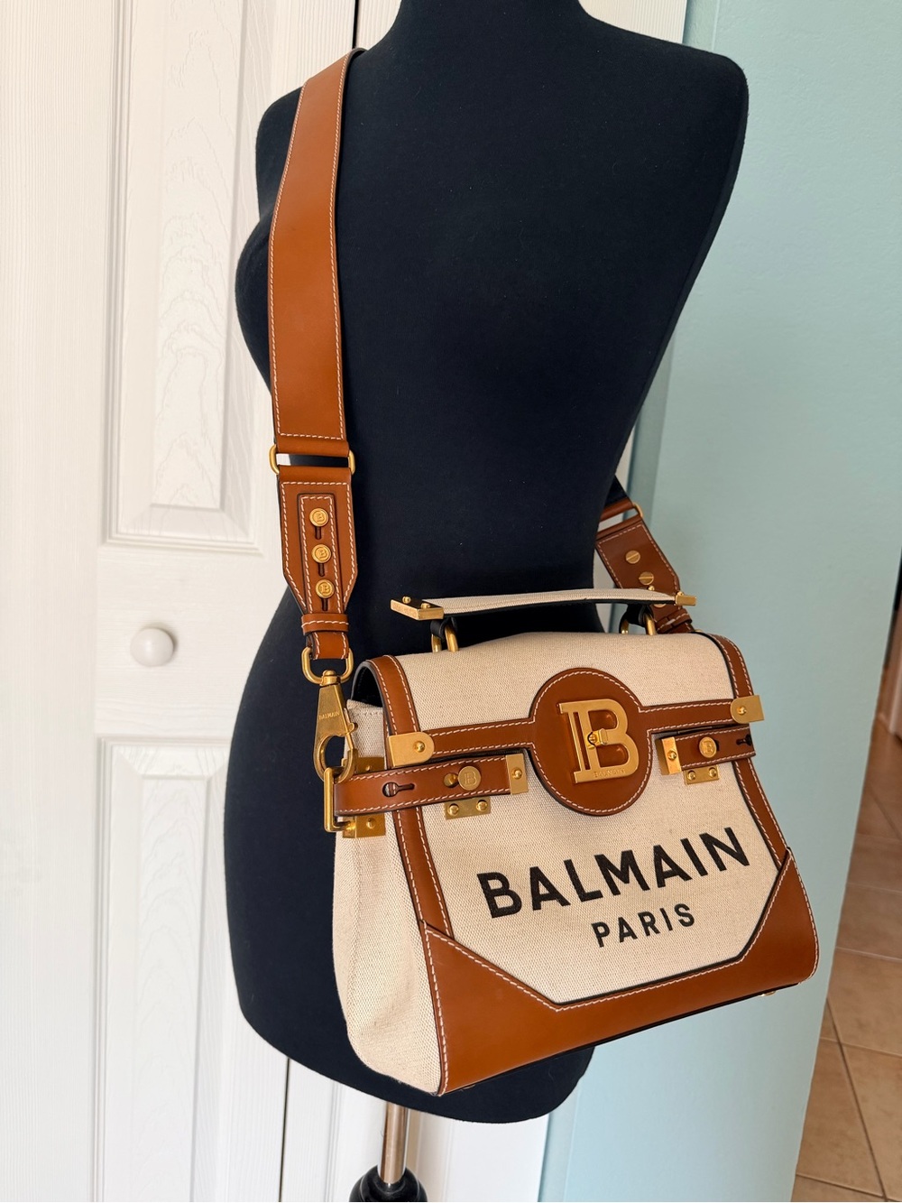 Balmain B-Buzz Cream Canvas and Tan Leather Logo Satchel